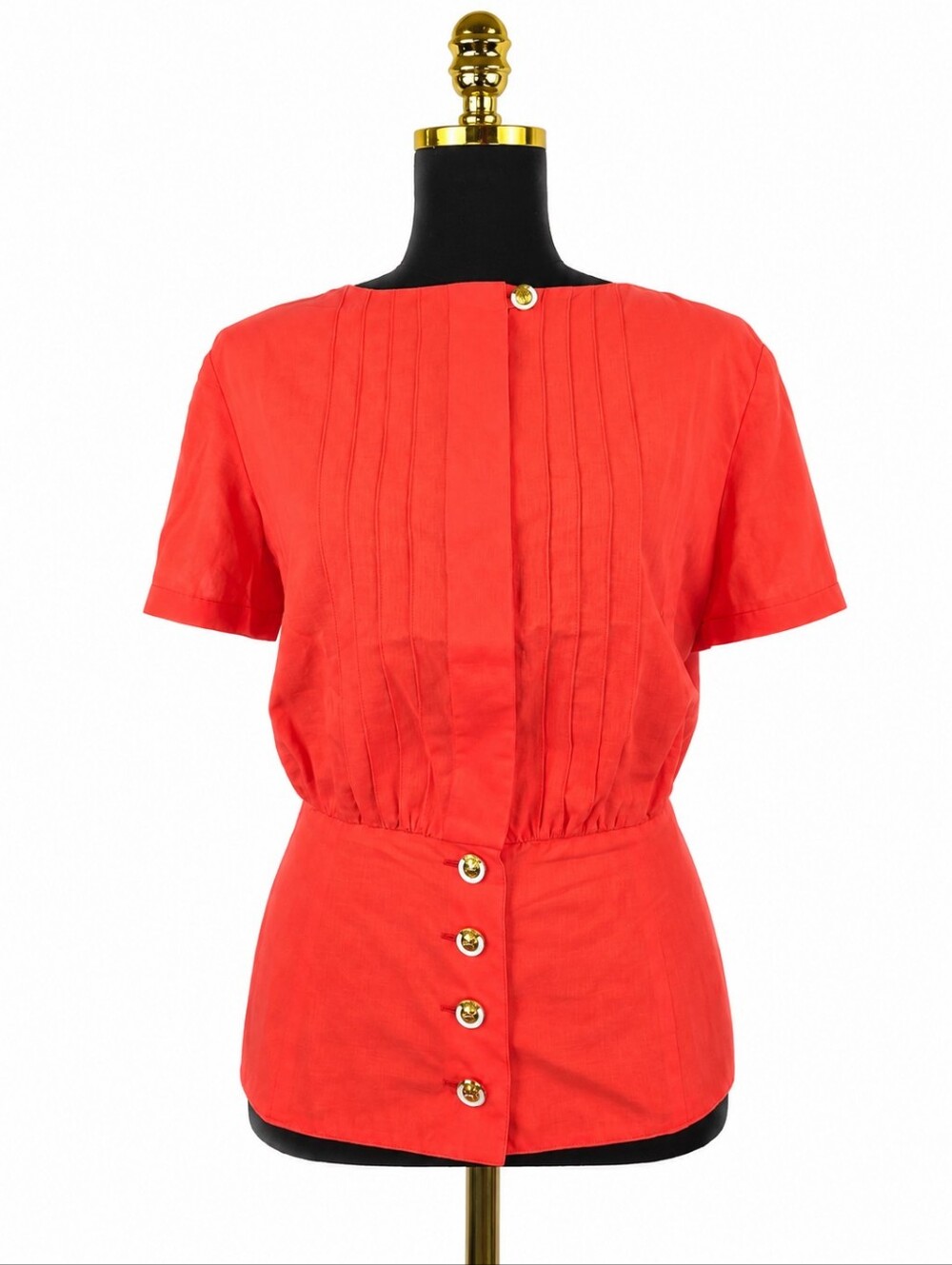 Louis Feraud Coral Cotton Peplum Blouse Tie Back Gold Logo Buttons US 12 - Picture 3 of 12